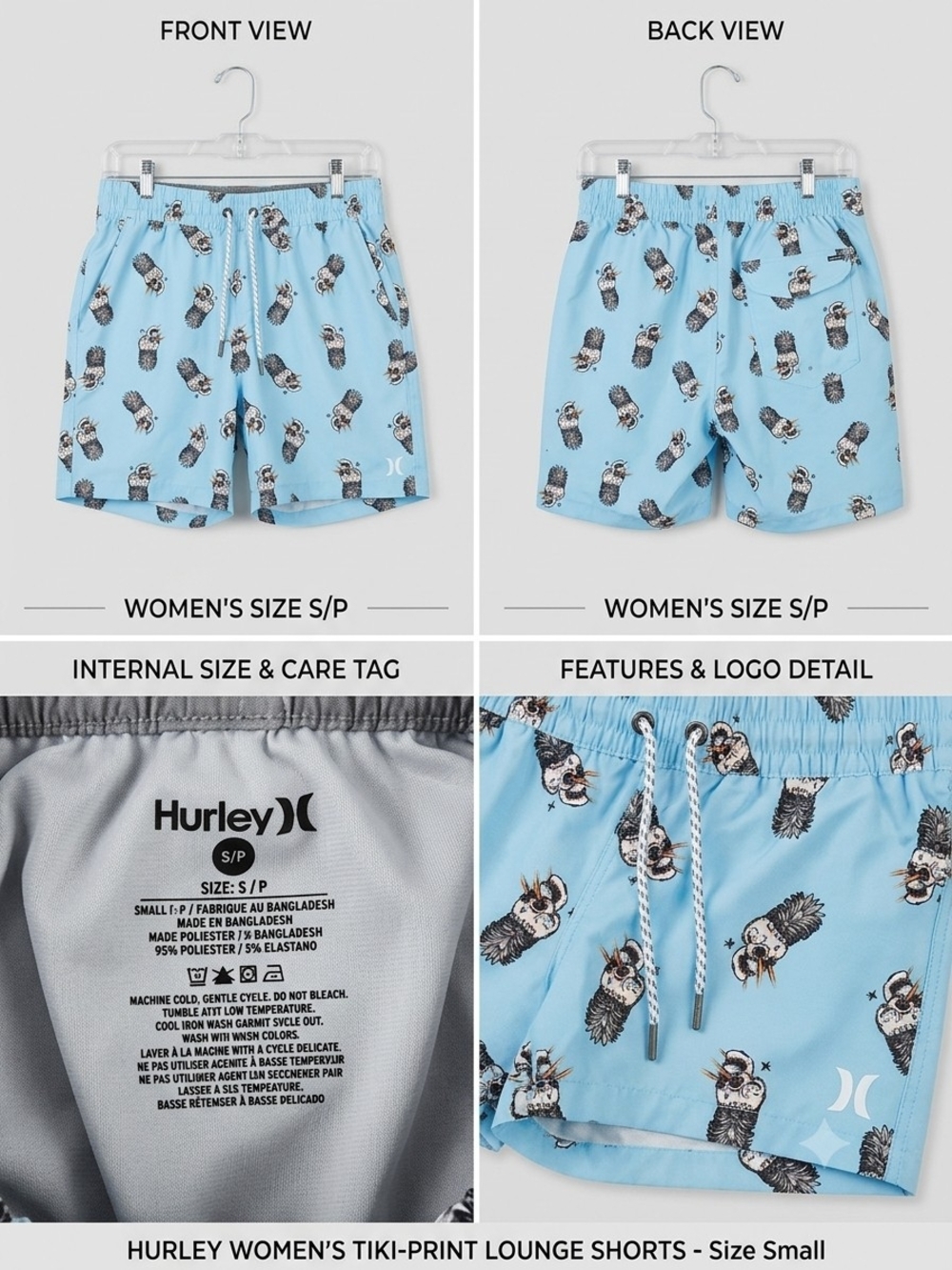 Hurley Light Blue Tiki-Print Women's Athletic Shorts